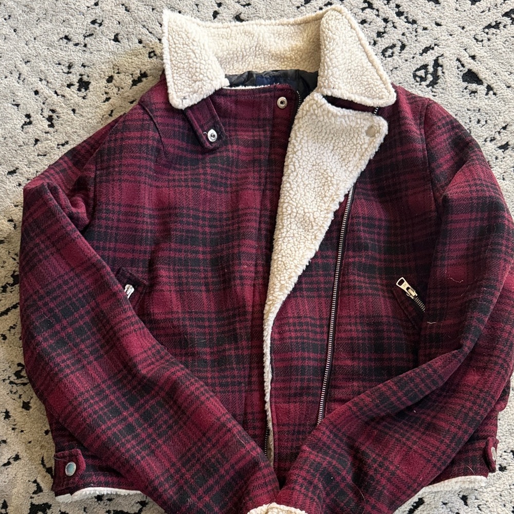 American Eagle Outfitters Burgundy Plaid Sherpa Bomber Jacket